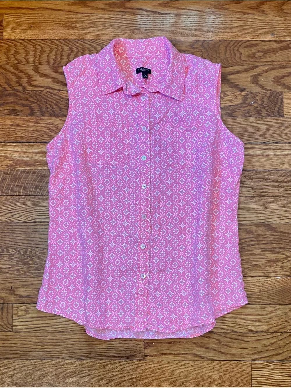 Talbots 100% linen sleeveless top in pink & white print